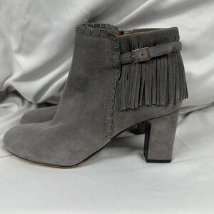 Tabitha Simmons NEW $895 Grey Raw Suede Fringe Trim Block Heel Ankle Bootie EU39